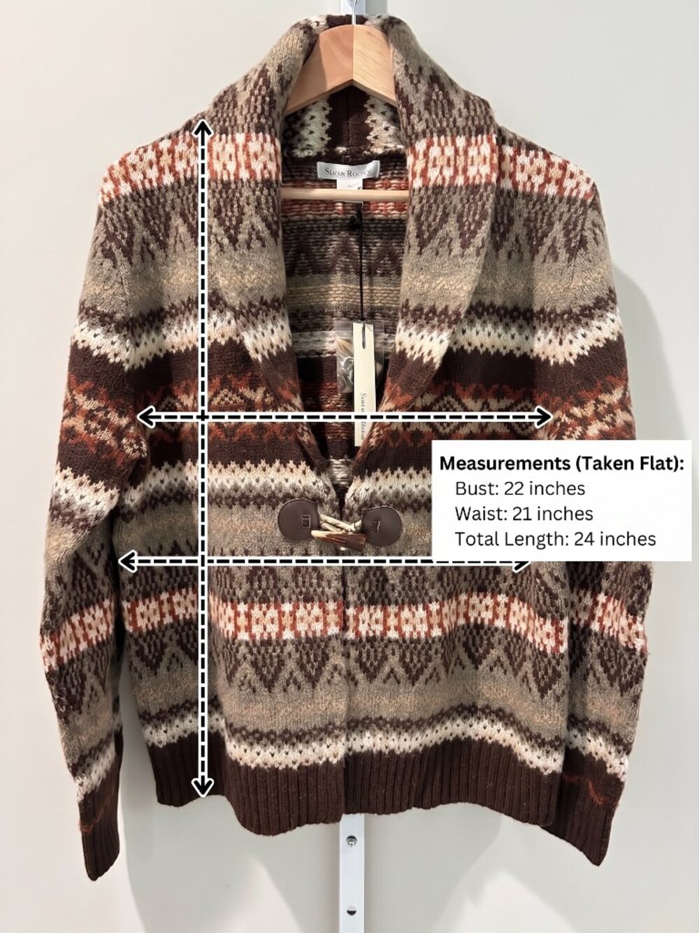 Susan Bristol 100% Wool Fair Isle Cardigan Sweater L Shawl Collar Horn NWT - Picture 2 of 6